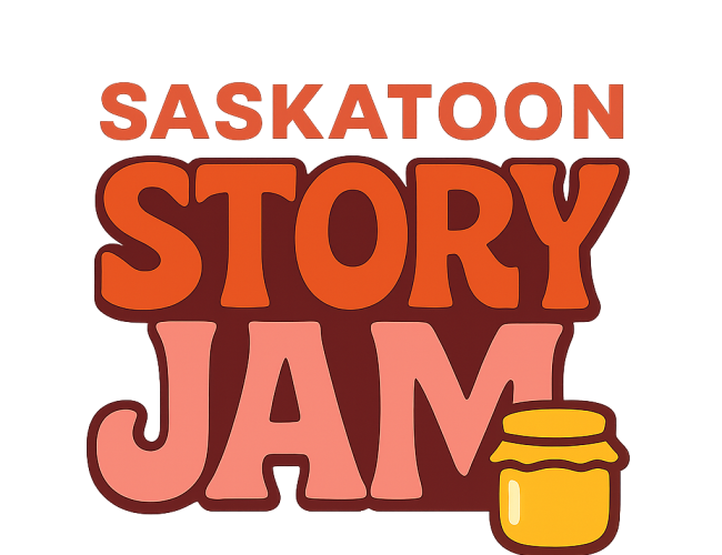 A colorful logo for "Saskatoon Story Jam." The text is bold and playful, with "SASKATOON" in uppercase orange letters, "STORY" in larger, rounded orange-red letters, and "JAM" in big pink letters. A small illustrated jar of jam with a yellow lid appears next to the word "JAM," emphasizing the fun, creative tone of the event.