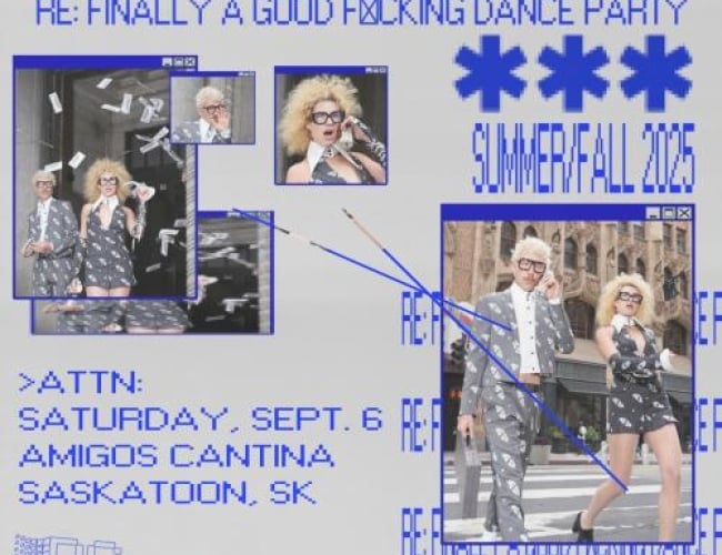 Image of the siblings walking across a crosswalk holding stacks of money up to their ear in a retro internet browser window. Another retro browser window of the siblings leaving a building with money blowing in the wind above them. Two more smaller browser windows with close ups of their faces. In blue retro text: BIG SIS RE: FINALLY A GOOD F*CKING DANCE PARTY *** SUMMER/FALL 2025 >ATTN: SATURDAY, SEPT 6 AMIGOS CANTINA SASKATOON, SK TICKETS AT THE BROADWAY THEATRE