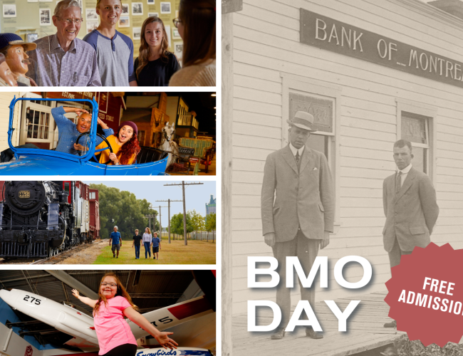 Pictures of people and artifacts at WDMs across the province are shown next to an older photo of two men standing in front of the Bank of Montreal.