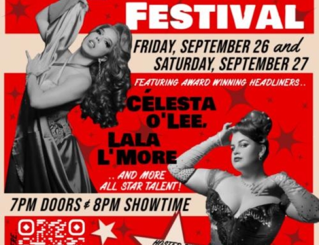 Image of a red background with stars and black and white images of Célesta O'Lee and Lala L'More. Text is written: Two Nights Only! Live at the Broadway Theatre The Saskatoon International Burlesque Festival Friday, September 26 and Saturday, September 27 Featuring Award Winning Headliners... Célesta O'Lee Lala L'More... And More All Star Talent! 7PM Doors & 8PM Showtime 19+ Hosted By Constance Craving! Hurry to... saskatooninternationalburlesquefestival.com