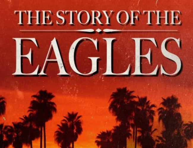 Image of an orange sunset with sillouettes of palm trees and flying birds. Text is written: The Story of The Eagles