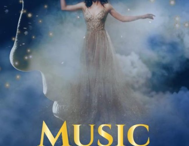 Image of a faded silhouette of a face and stars in the background with a woman in a dress in the foreground partially covered by fog. In gold text: A celebration of ANDREW LLOYD WEBBER MUSIC OF THE NIGHT THE CONCERT TOUR