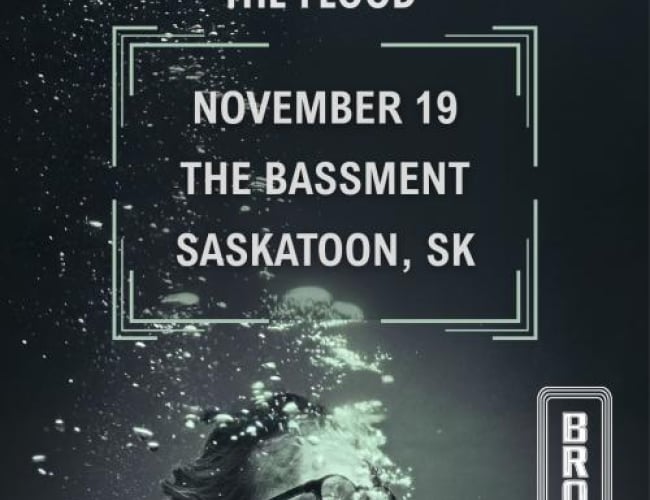 Image of Ben Caplan with his mouth open and bubbles coming out of his mouth slightly obscuring his face. The background is dark with the surface of the water on top and the sea floor on the bottom. A Broadway Theatre logo is on the right. Text is written: Ben Caplan The Flood November 19 The Bassment Saskatoon, SK