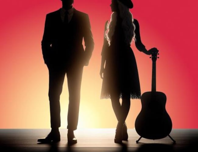 Image of the silhouette of Leonard Cohen and Joni Mitchell holding a guitar standing side by side in front of a sunset. Text is written: Leonard Cohen & Joni Mitchell The Untold Love Story PRESENTED BY STARS & STORIES.