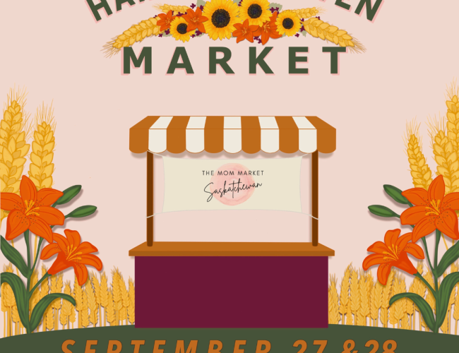 Poster for Harvest Haven Market, September 27–28 at Prairieland Park, 10 AM–4 PM. Features include 130 small businesses, family fun, live DJ, workshops, concessions, and free admission. Design shows a vendor booth with fall flowers and wheat in warm autumn colors.
