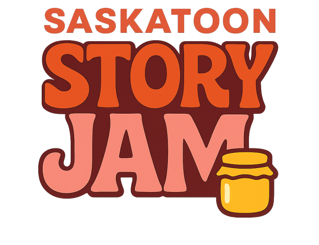 Logo for Saskatoon Story Jam. The words ‘Saskatoon Story Jam’ appear in bold, retro-style orange and pink lettering, with a small yellow jam jar illustration beside the word ‘Jam.