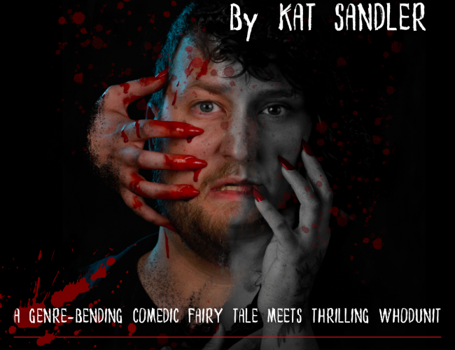 Yaga by Kat Sandler. In front of a pitch black background, a face, half man's in colour and half woman's in black-and-white, with two bloody hands with long, red nails gripping from either side.