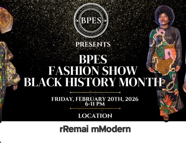 BPES Fashion Show poster with three models in African-inspired outfits for Black History Month, Feb 20, 2026.