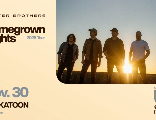 An image of five men on a beige background with brown and blue text that reads "Hunter Brother Homegrown Nights 2025 Tour" in Saskatoon, SK on November 30 at TCU Place.