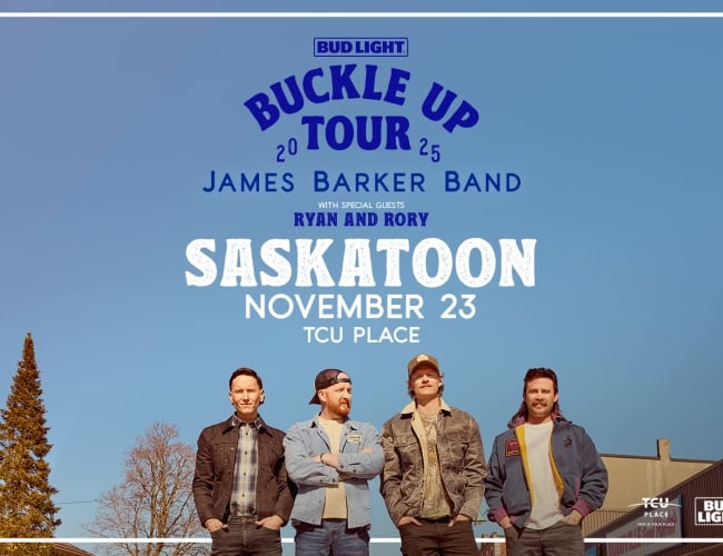 An image with a blue background featuring four men, the James Barker Band, to promote their Bud Light Buckle Up Tour in Saskatoon on November 23 at TCU Place.
