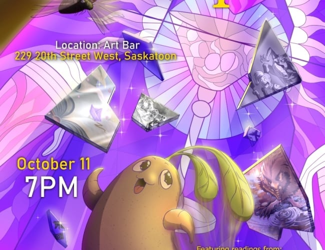 Once Upon a Spud,” a SaskBooks Book Week event on October 11 at 7 PM at Art Bar in Saskatoon. The artwork shows a cheerful potato character surrounded by colorful gems and crystals. The poster lists featured readers from across Canada.