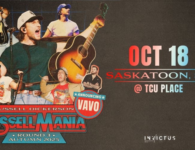 An image featuring a collage of musician Russell Dickerson, promoting his RUSSELLMANIA Tour on October 18 at TCU Place in Saskatoon,SK.