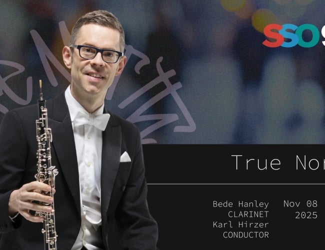 An image of a man holding an oboe with the SSO 95 logo.