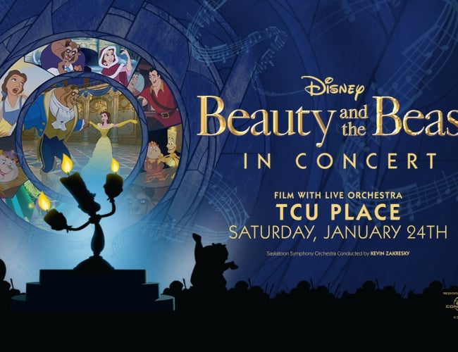 An image of a blue background with characters from the Disney film Beauty and the Beast superimposed.