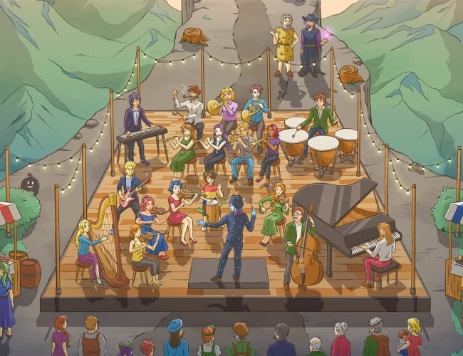 An image of Stardew Valley characters playing in a symphony orchestra.
