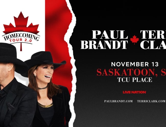 An image on a black and red background promoting the Paul Brandt and Terri Clark Homecoming 2.0 Tour on November 13 at TCU Place in Saskatoon,SK.
