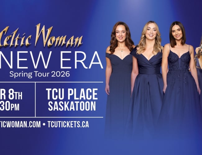 A picture of four women in blue dresses on a blue background.