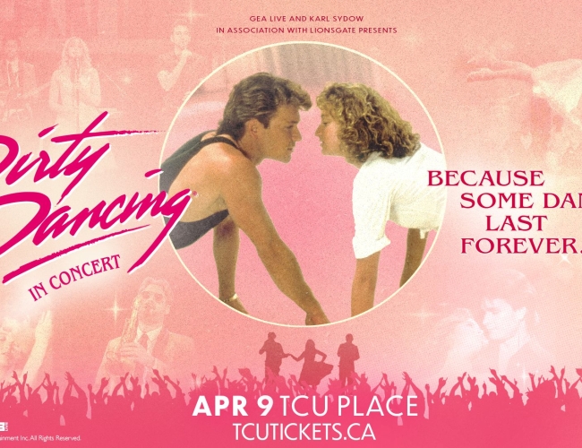 An image of a screen capture from the movie Dirty Dancing on a pink background. 