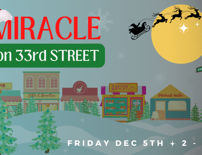 Serene evening streetscape with Santa's sleigh flying overhead and a street post that says "Miracle on 33rd Street".