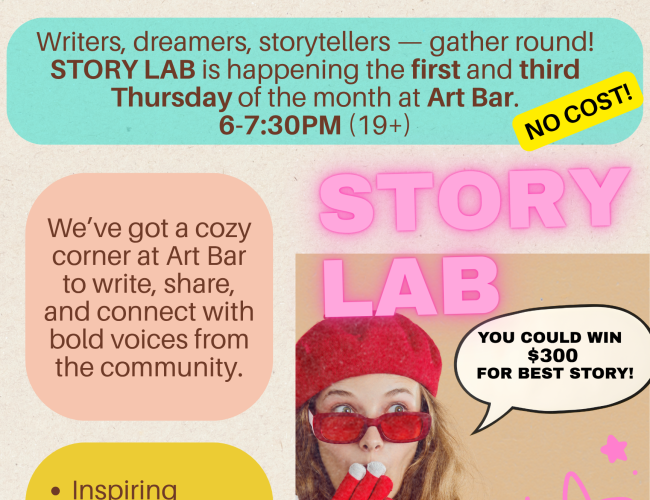 Poster for “Story Lab,” a free storytelling and writer’s circle event happening the first and third Thursday of each month at Art Bar from 6–7:30 PM for ages 19+. The poster features bright, playful design with pink and yellow tones. A woman in a red hat and glasses points upward with text bubbles around her reading “You could win $300 for best story!” and “No cost!” Circles highlight details: “Inspiring prompts,” “A supportive writer’s circle,” and “A chance to win $300 for your story.” Presented by the Ri