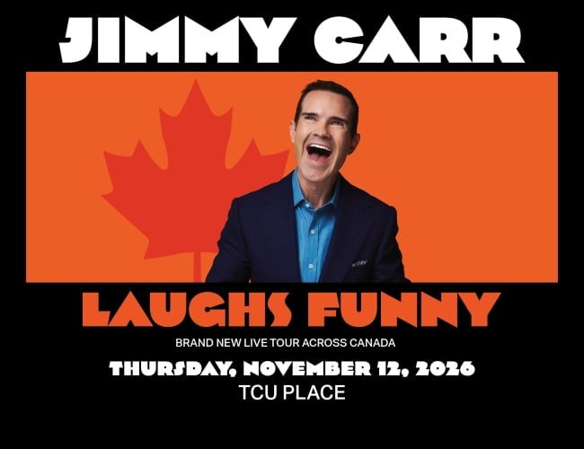 An image of comedian Jimmy Carr, photo taken mid-laugh with his mouth wide open. He is in front of an orange background with a maple leaf. The text around the image reads: Jimmy Carr: Laughs Funny, Brand New Live Tour Across Canada