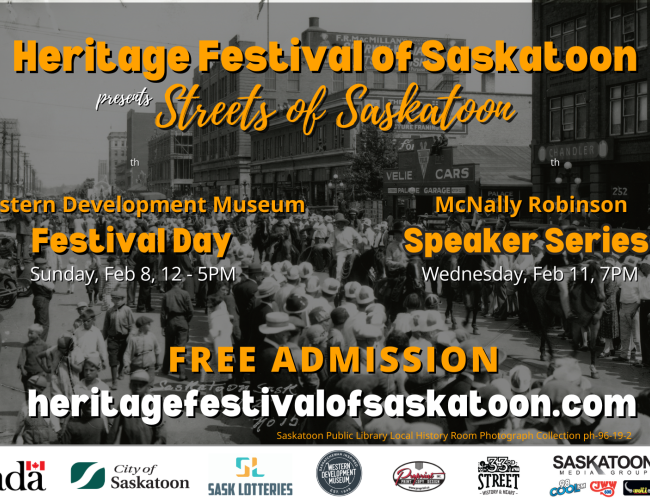 Poster for the Heritage Festival of Saskatoon with photograph ph-96-19-2 from the Saskatoon Public Library Local History Room Photographic Collection: Saskatoon 1928 Travellers Day Parade 3rd Avenue South
