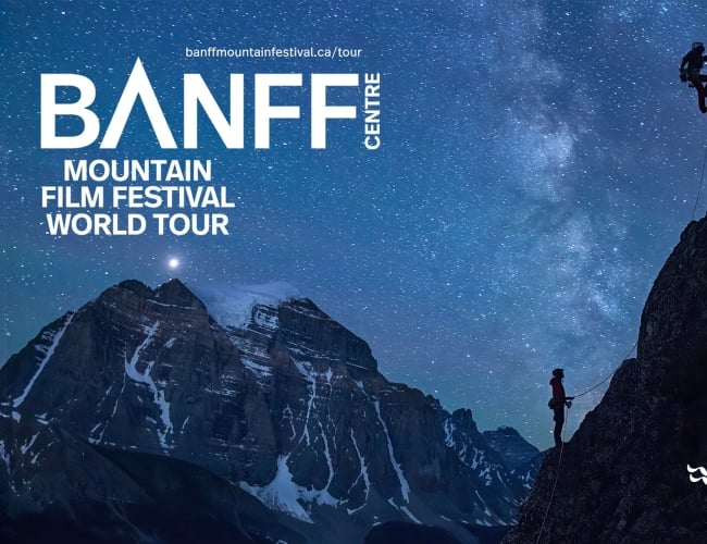 An image of two people mountain climbing at night with the text "Banff Centre Mountain Film Festival World Tour".