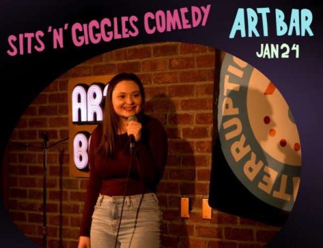 Image of the WTPN YXE 2026 Music Festical for the bands: Sits 'n' Giggles at the ART BAR. Shows image of someone holding a mic and looking out to the crowd.