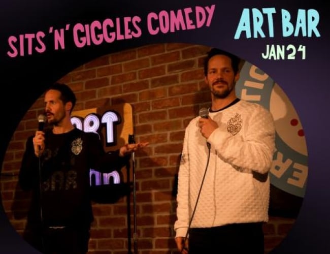 Image of the WTPN YXE 2026 Music Festical for the bands: Sits 'n' Giggles at the ART BAR. Shows image of two people holding mics and looking out to the crowd.