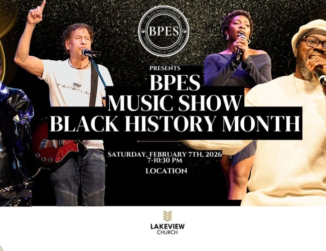Promotional banner for the BPES Music Show during Black History Month 2026. The background features gold  wave accents on black with gold glitter. Four Black performers are shown in action.