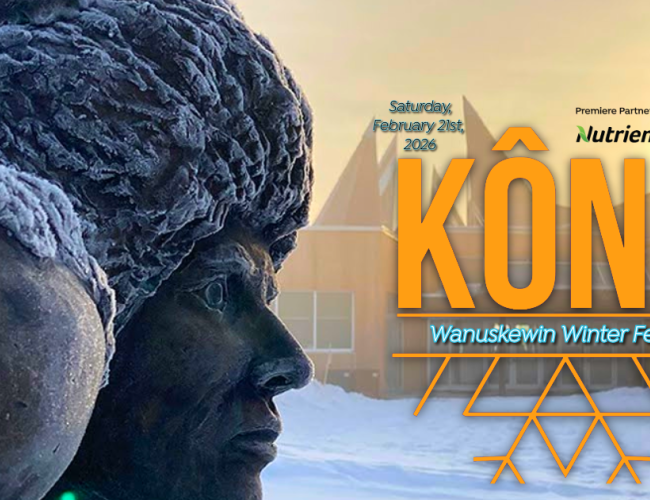 A promotional poster of the exterior of Wanuskewin's interpretive centre, with a frosted statue, and text that reads "Kôna: Wanuskewin Winter Festival".