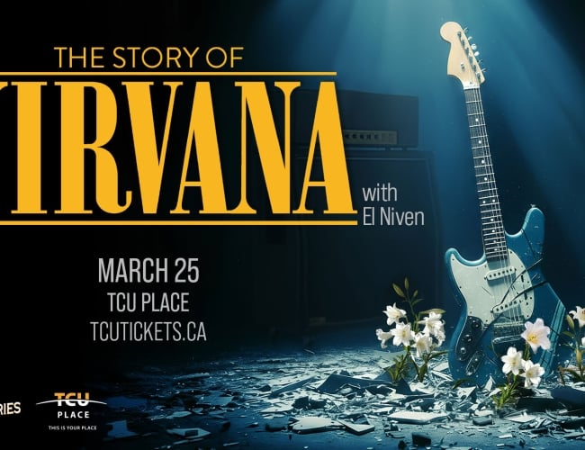An image of a guitar on stage, lit by a spotlight, with flowers and broken glass. The text reads "The Story of Nirvana with El Niven March 25 TCU Place"