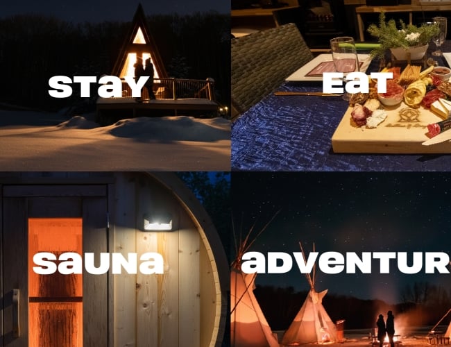 Images that depict stay, eat, sauna, and adventure are in a grid behind text that reads as those categories. 