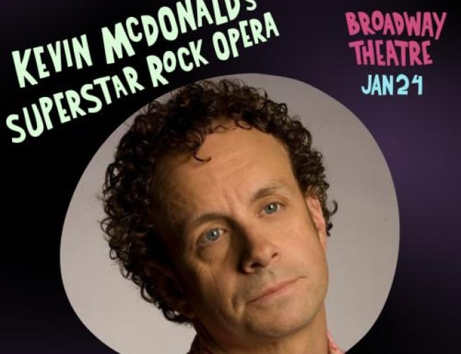 Image of the WTPN YXE 2026 Music Festical for the bands: Kevin Mcdonald's SUPERSTAR Rock Opera at the broadway theatre. SHows image of Kevin Mcdonald looking in the distance, looking soleum. 