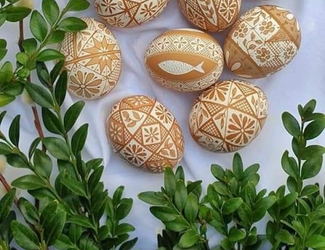 Pile of etched eggs (pysanka eggs)