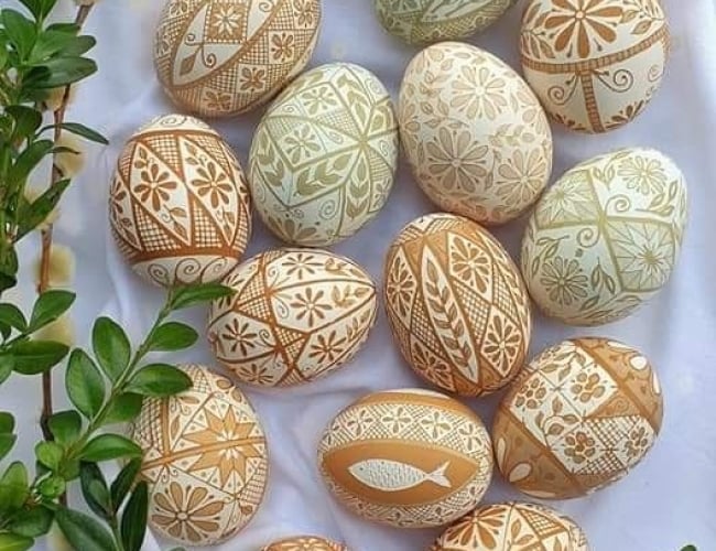 Pile of etched pysanka eggs