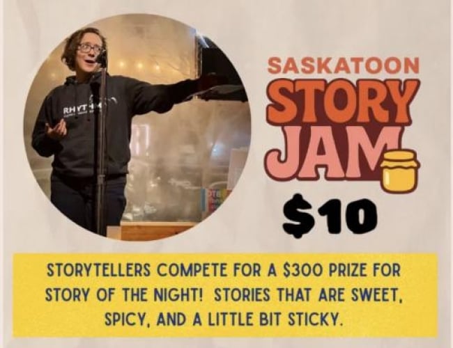 Image of the WTPN YXE 2026 Music Festical for the bands: Saskatoon Story Jam Presents: STORY SLAM! Image includes someone standing in front of a mic and pointing out to the crowd. 
