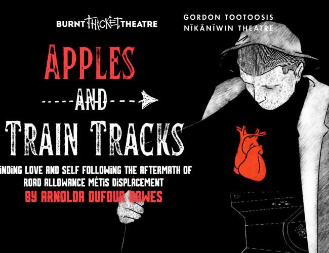 Burnt Thicket Theatre and Gordon Tootoosis Nikaniwin Theatre present Apples and Train Tracks: Finding love and self following the aftermath of Road Allowance Métis displacement. By Arnolda Dufour Bowes. An illustration of a man holding open his jacket, showing his heart with the trail of a road leading to it.