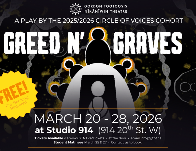 Image title Greed N' Graves, a play by the 2025/2026 Circle of Voices Cohort running from March 20th to 28th, 2026. An illustration shows faceless shadows circling a faceless person laying in a casket.