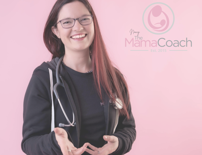 Nurse with black scrubs and stethoscope with pink background and "The Mama Coach" logo.