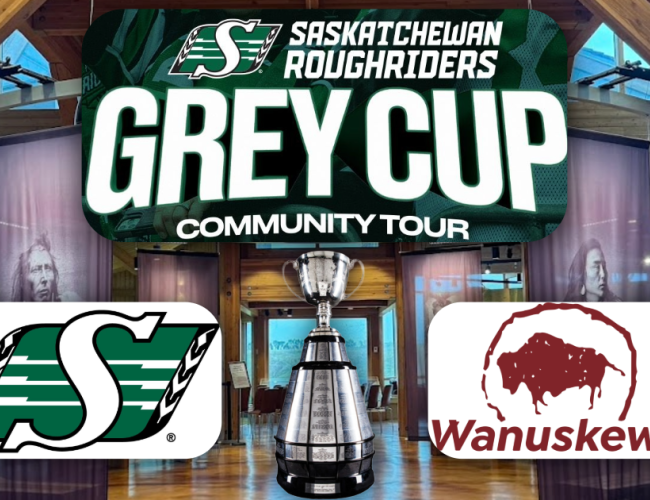 Promotional graphic for the Saskatchewan Roughriders Grey Cup Community Tour with the Roughrider logo and Wanuskewin logo.