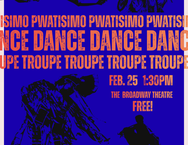 Blue and black poster of PWATISIMIO Indigenous Youth Dancers.