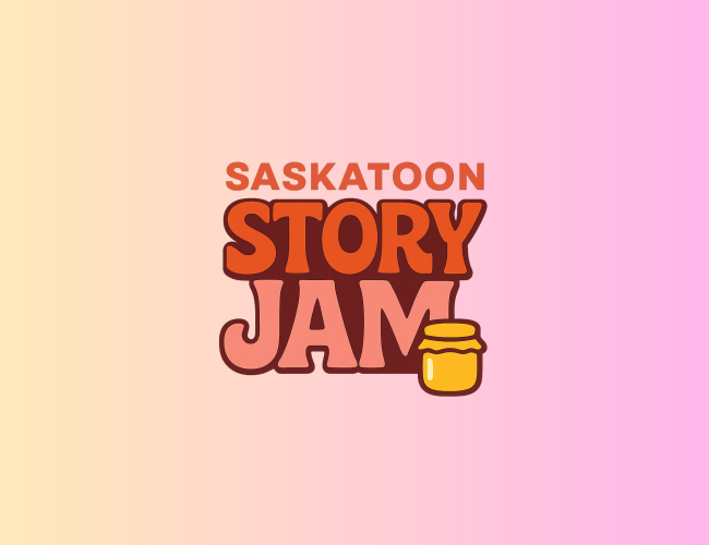 Saskatoon Story Jam logo in bold, playful lettering centered on a yellow-to-pink gradient background, with a small honey jar icon beside the word “Jam.”