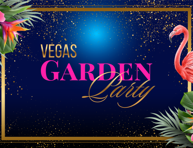 Vegas Garden Party logo with tropical plants and flowers in two corners and a flamingo on the right side