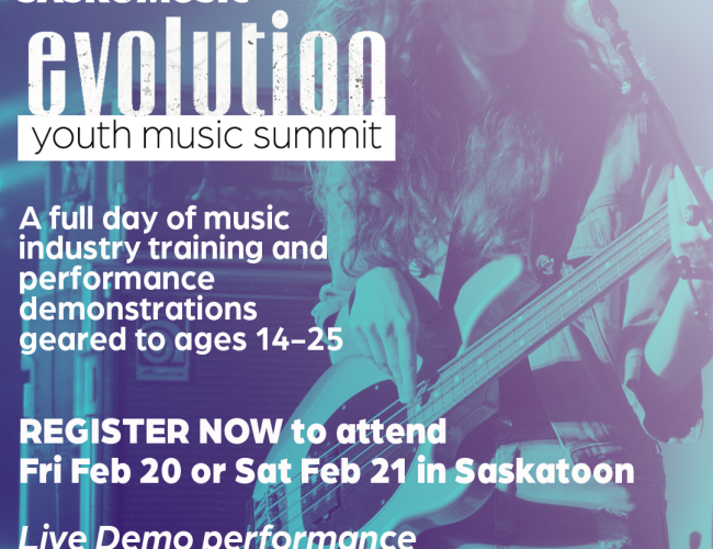 Image of young woman playing bass, SaskMusic Evolution Youth Music Summit, and additional text from the description box.