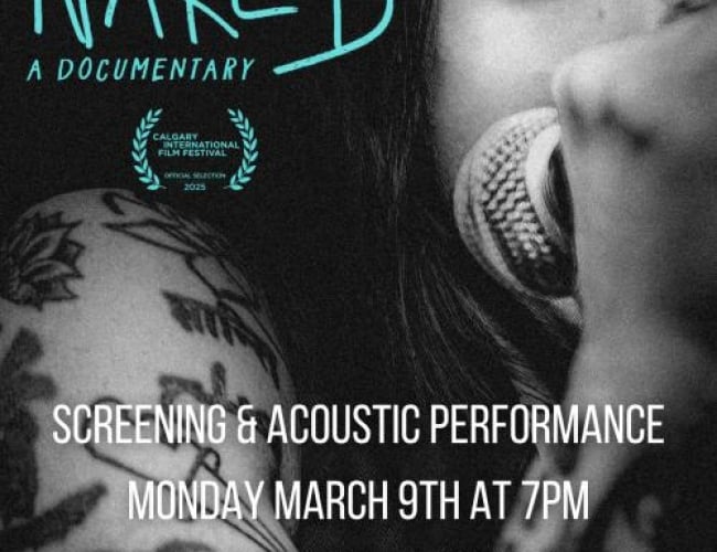 Black and white image of singer Bif Naked, with her face obstructed by a mike, and only half shown. Eyes are made blue to stand out. 