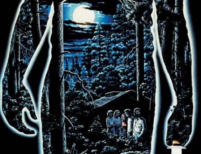 Image of campers in the outdoors in the silholuette of someone holding a knife. 