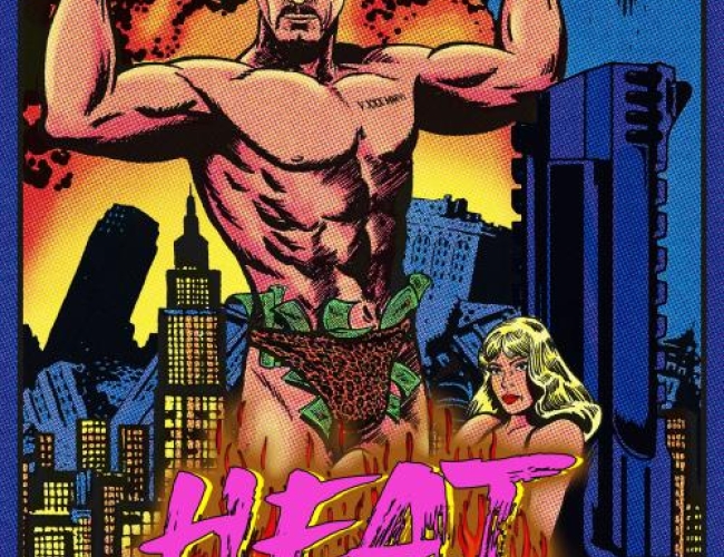 Image of a man in a leopard print speedo, filled with cash, and posing to show arm muscles off in comic book style art.