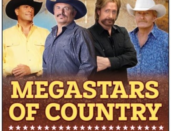 Image of 4 men dressed up like George Strait, Alan Jackson and Brooks & Dunn in front of an empty highway road. 