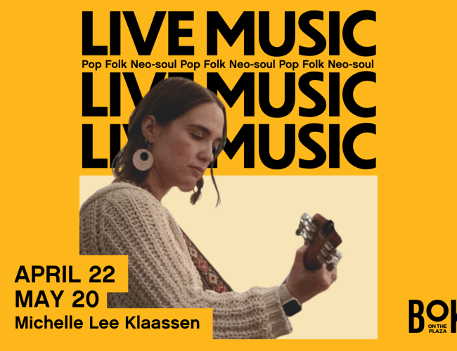 Poster for live music nights at Bokeh Lounge with artist Michelle Lee-Klassen. Dates are April 22 and May 20